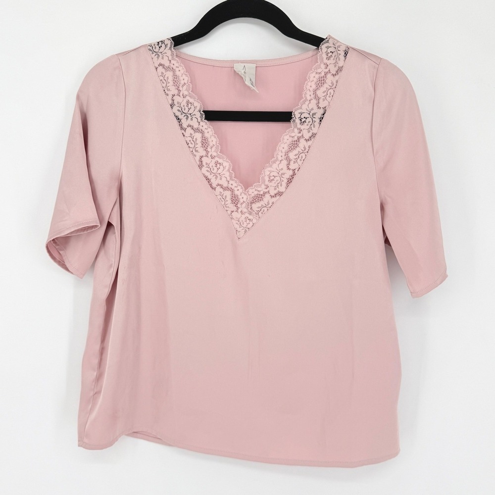 Joie Womens Dusty Rose Satin Lace Trim Short Sleeve Blouse XS Romantic Feminine